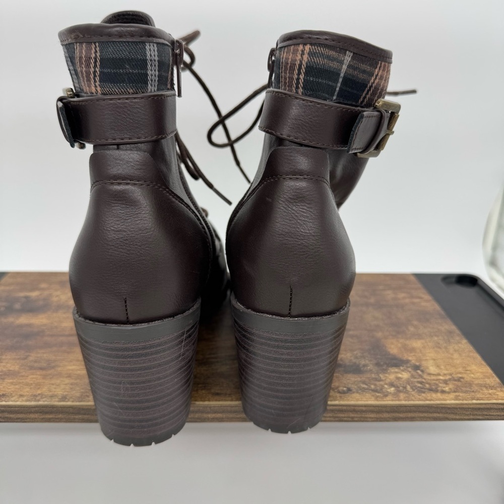 Seychelles Lace-Up Heeled Combat Boots – Brown with Plaid Cuff – Size 9.5 - Picture 6 of 11